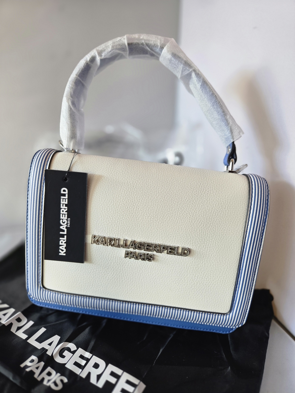 Karl Lagerfeld Cream Satchel with Blue Trim and Striped Edging